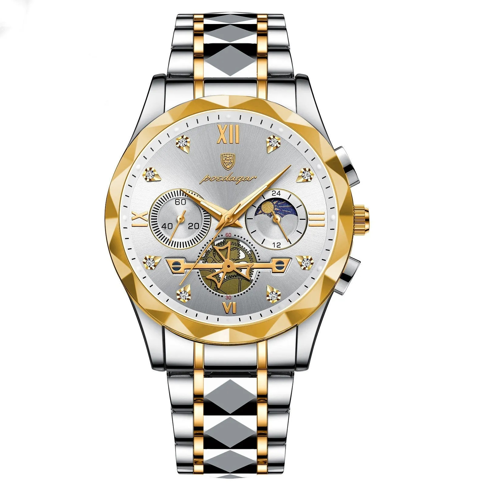 Men's waterproof multi-functional leisure watch with metal strap, 41mm dial, and mineral glass mirror in silver tone