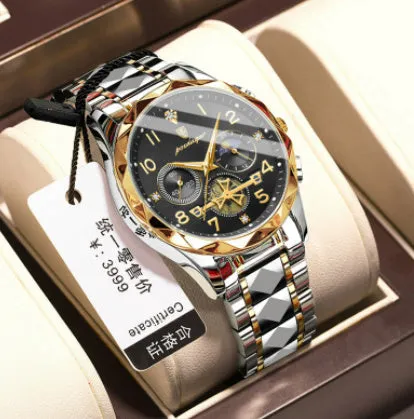Men's waterproof multi-functional leisure watch with metal strap, 41mm dial, and mineral glass mirror in silver tone