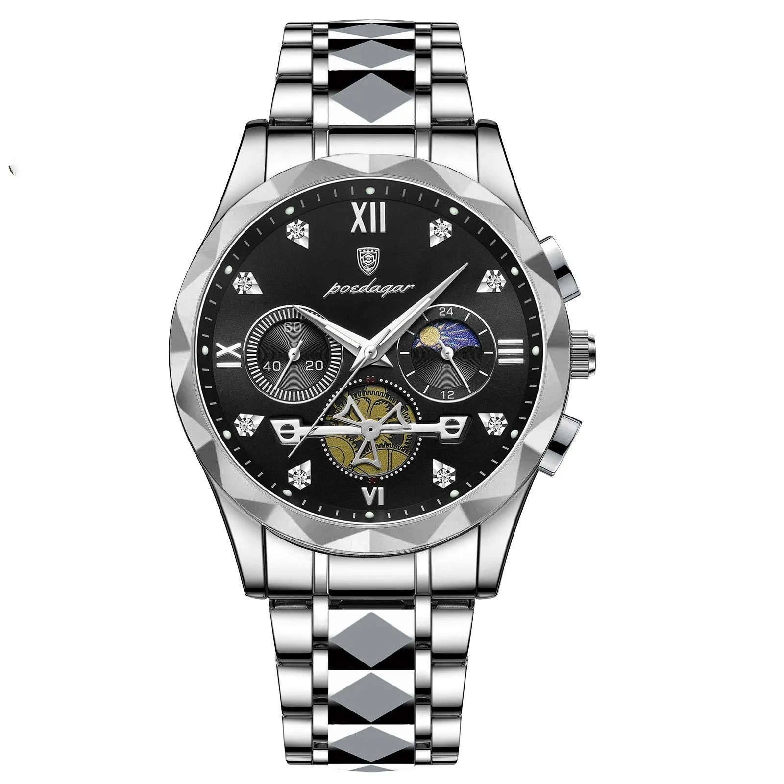 Men's waterproof multi-functional leisure watch with metal strap, 41mm dial, and mineral glass mirror in silver tone
