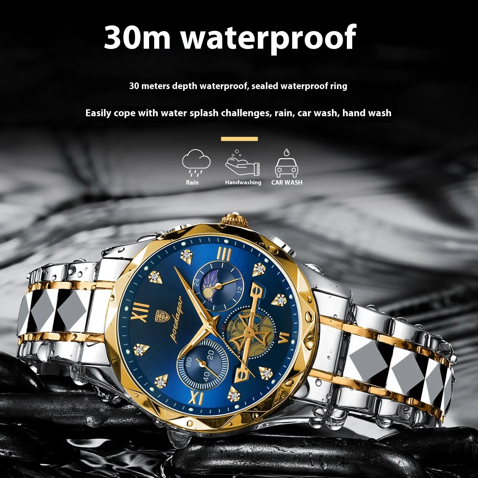Men's waterproof multi-functional leisure watch with metal strap, 41mm dial, and mineral glass mirror in silver tone