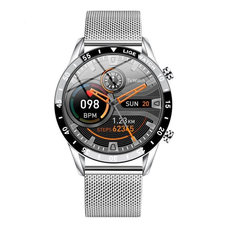 Multi-function smart watch with Bluetooth call, stainless steel case, black strap, pointer and number display