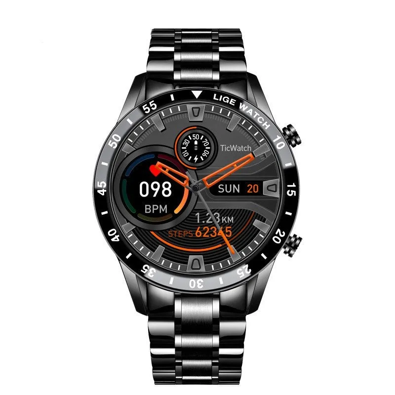 Multi-function smart watch with Bluetooth call, stainless steel case, black strap, pointer and number display