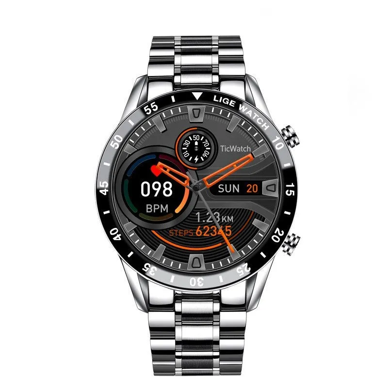 Multi-function smart watch with Bluetooth call, stainless steel case, black strap, pointer and number display