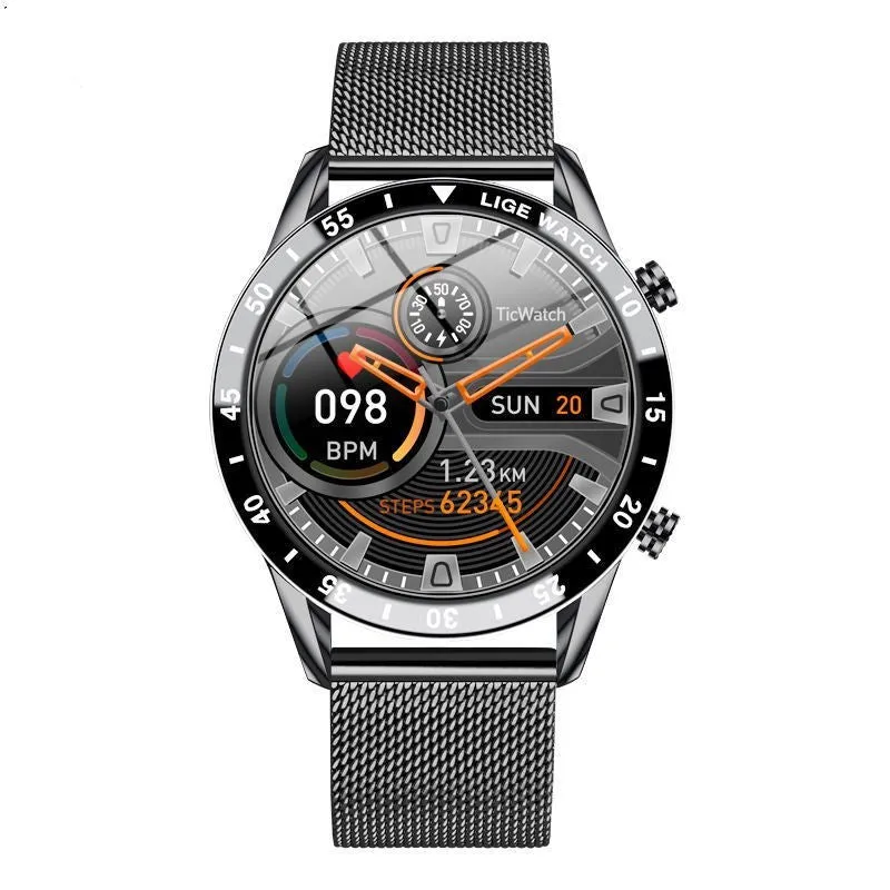 Multi-function smart watch with Bluetooth call, stainless steel case, black strap, pointer and number display