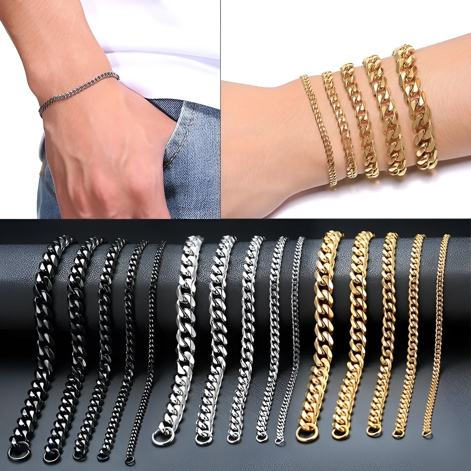 Six-sided geometric Cuban link bracelet in gold, black, or steel colour with multiple width options