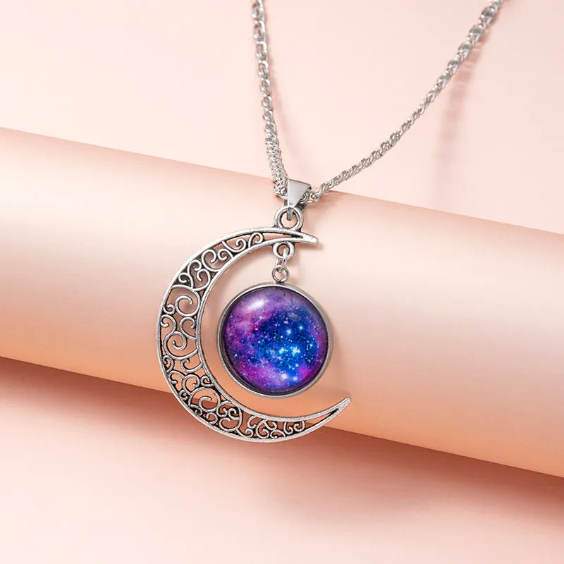Silver hollow moon pendant necklace with glass star insert on Figaro chain for women