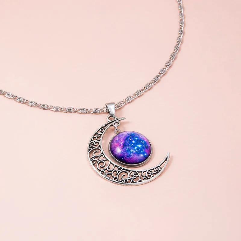 Silver hollow moon pendant necklace with glass star insert on Figaro chain for women