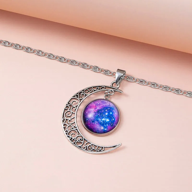 Silver hollow moon pendant necklace with glass star insert on Figaro chain for women
