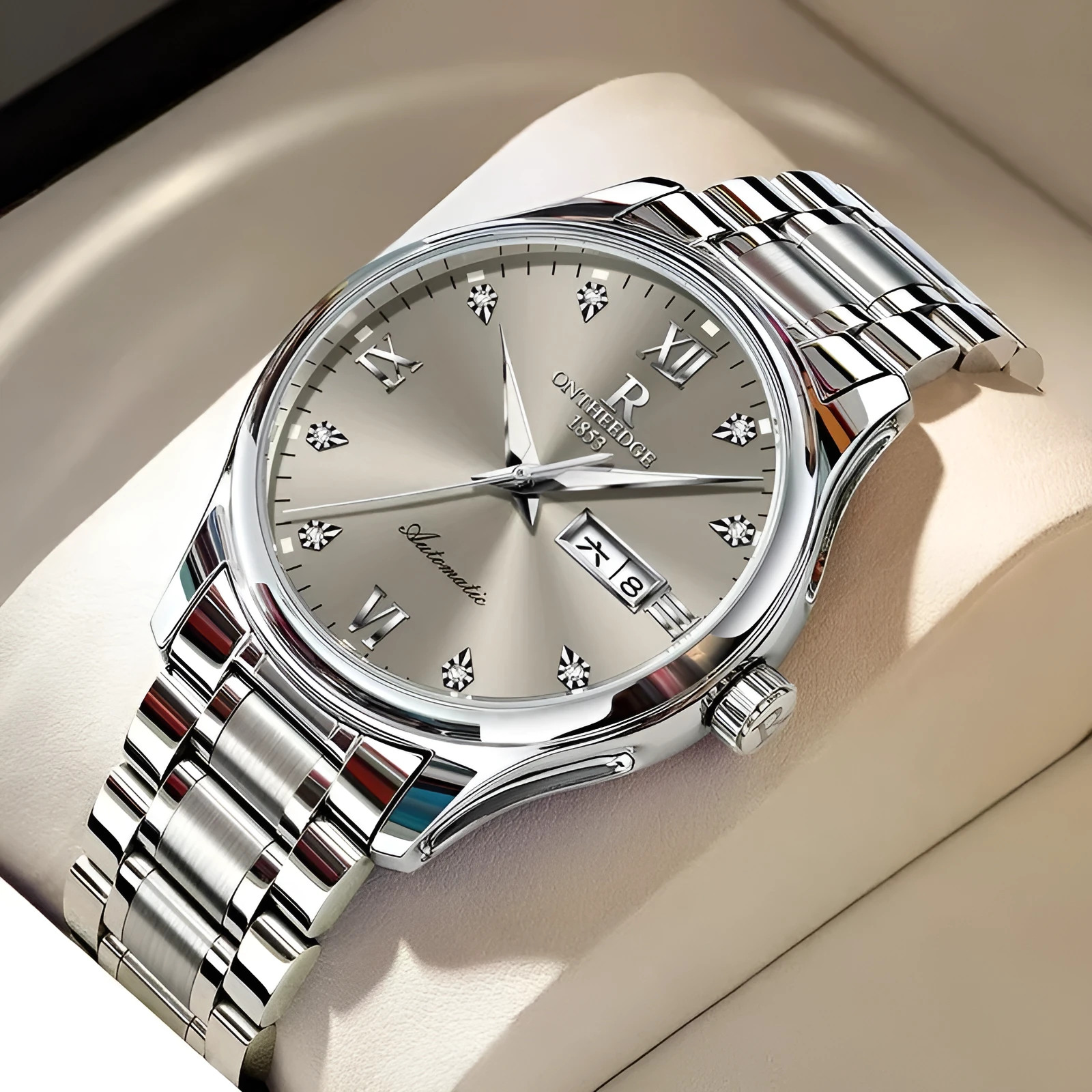 Waterproof luminous business mechanical watch with Swiss movement, stainless steel strap, and mineral glass mirror