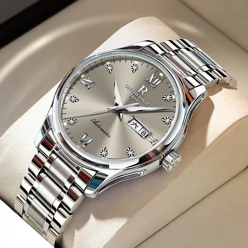 Waterproof luminous business mechanical watch with Swiss movement, stainless steel strap, and mineral glass mirror