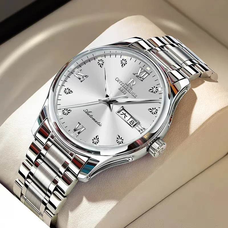 Waterproof luminous business mechanical watch with Swiss movement, stainless steel strap, and mineral glass mirror
