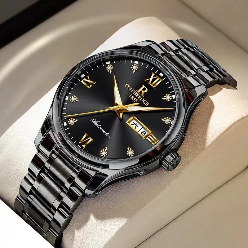 Waterproof luminous business mechanical watch with Swiss movement, stainless steel strap, and mineral glass mirror