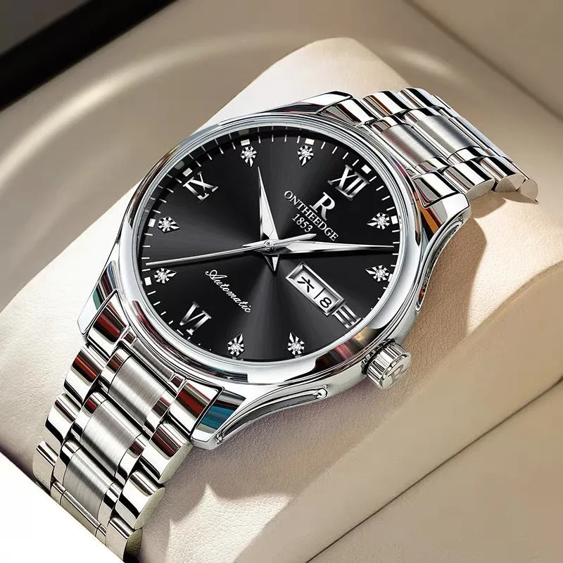 Waterproof luminous business mechanical watch with Swiss movement, stainless steel strap, and mineral glass mirror
