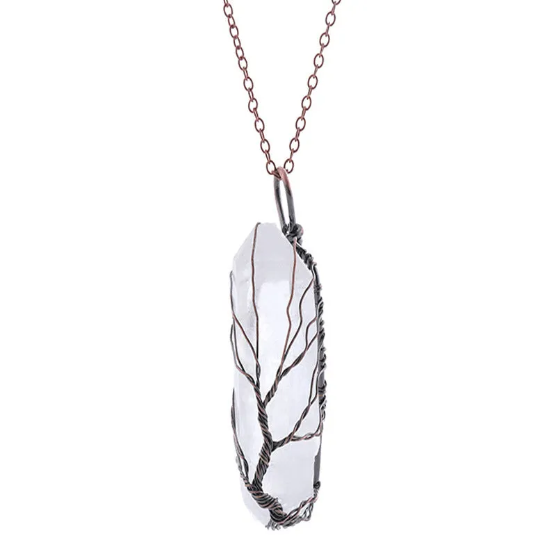 Dyed natural white crystal column Tree of Life pendant necklace with colourful crystal winding on O-chain