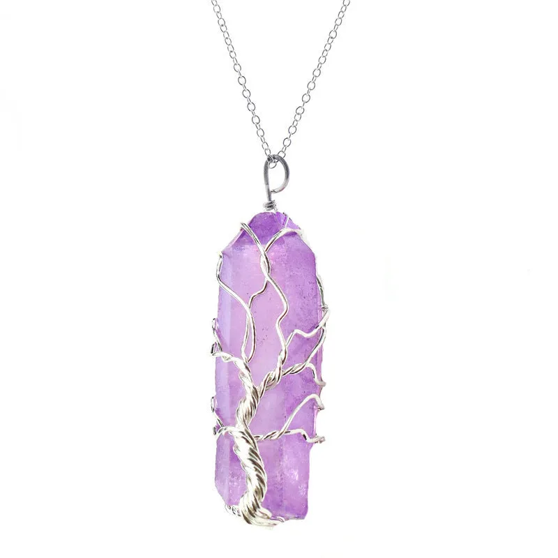 Dyed natural white crystal column Tree of Life pendant necklace with colourful crystal winding on O-chain