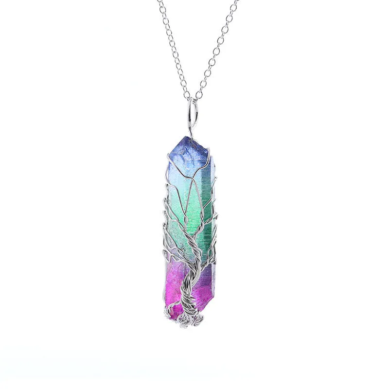 Dyed natural white crystal column Tree of Life pendant necklace with colourful crystal winding on O-chain