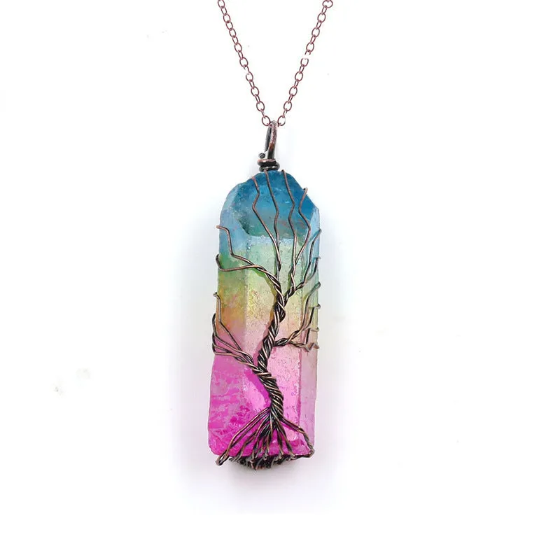 Dyed natural white crystal column Tree of Life pendant necklace with colourful crystal winding on O-chain