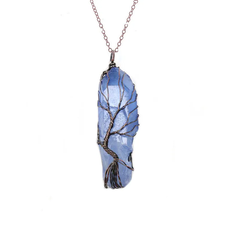 Dyed natural white crystal column Tree of Life pendant necklace with colourful crystal winding on O-chain