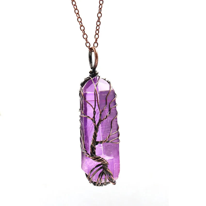 Dyed natural white crystal column Tree of Life pendant necklace with colourful crystal winding on O-chain