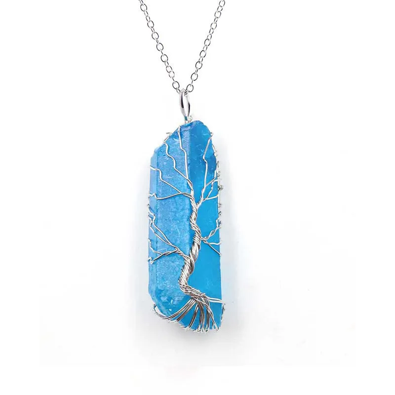 Dyed natural white crystal column Tree of Life pendant necklace with colourful crystal winding on O-chain