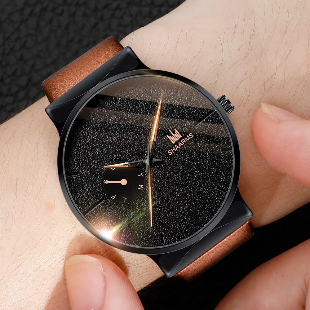 New Simple Trendy Men Earth Watch with 40mm stainless steel case and brown PU leather strap