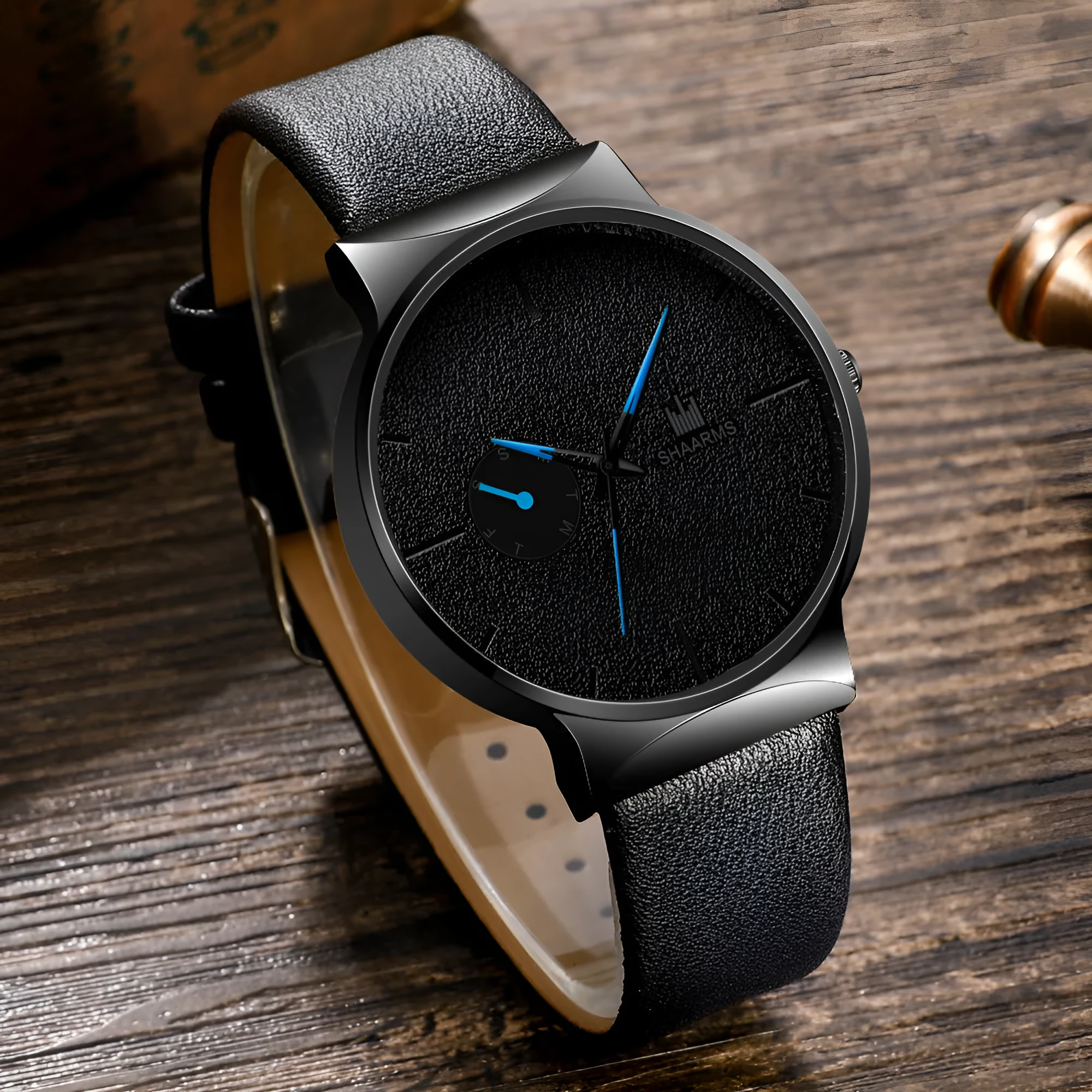 New Simple Trendy Men Earth Watch with 40mm stainless steel case and brown PU leather strap