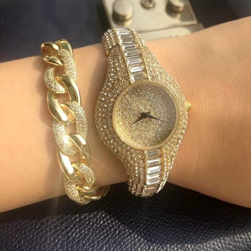 Gold alloy quartz women's watch with round dial, mineral glass mirror, and decorative inlay on brown background