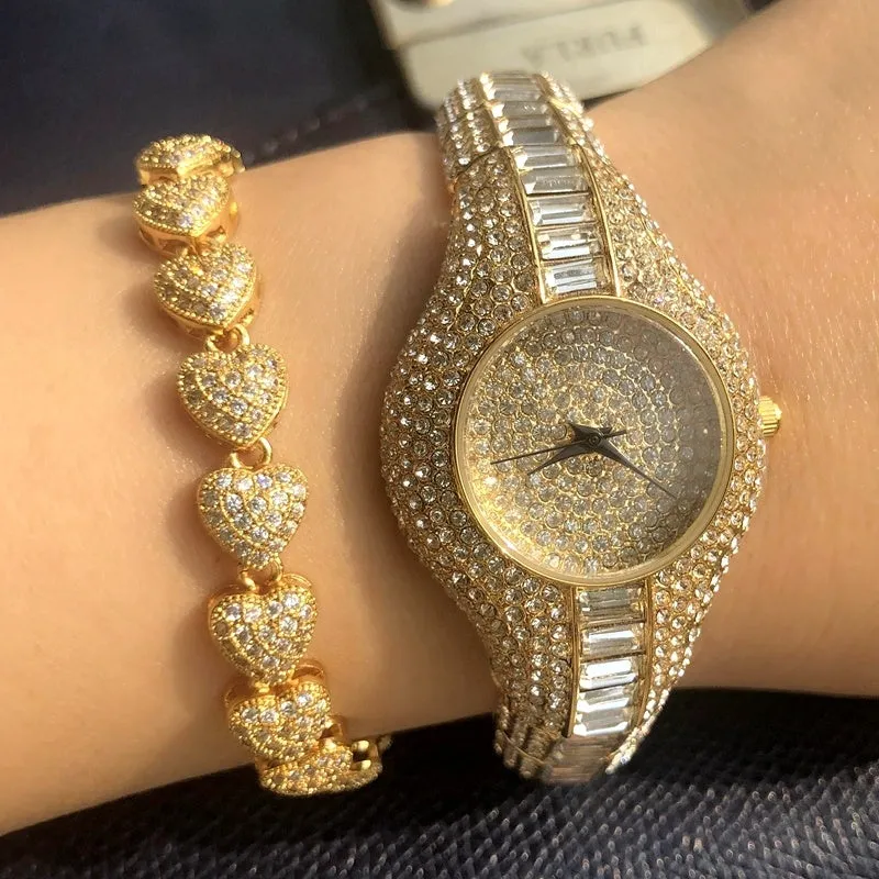 Gold alloy quartz women's watch with round dial, mineral glass mirror, and decorative inlay on brown background