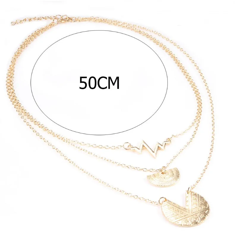 Gold multi-layer round alloy necklace with electroplated finish on white background