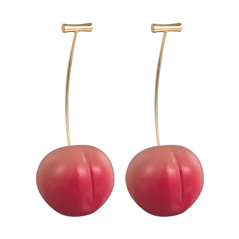A pair of coloured acrylic peach fruit earrings on copper posts, shown in small and large size options.
