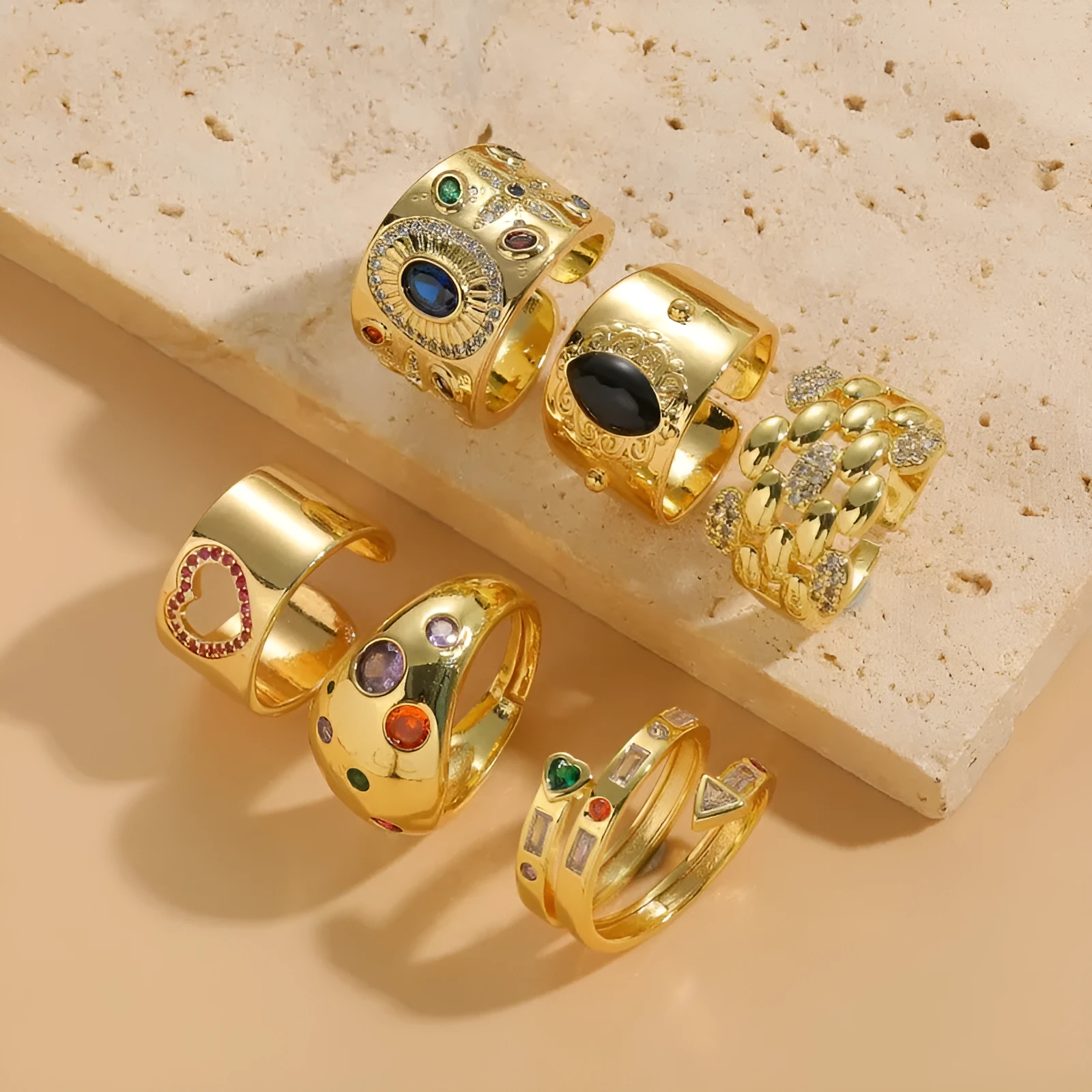 Geometric Chinese style vintage copper ring with electroplated horse eye black finish and zircon detailing