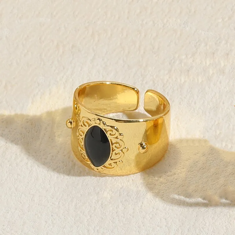 Geometric Chinese style vintage copper ring with electroplated horse eye black finish and zircon detailing
