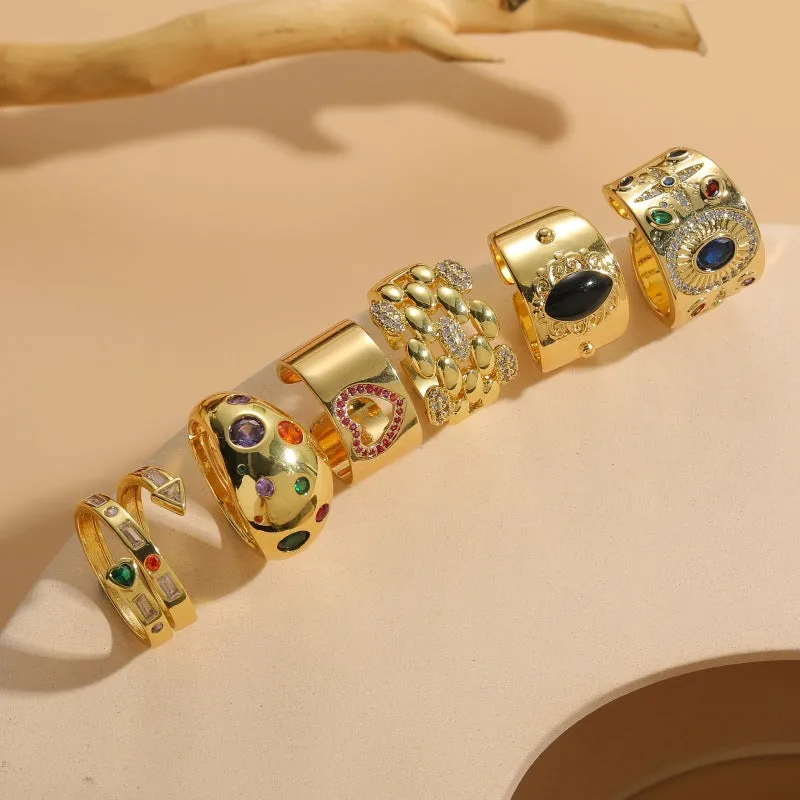 Geometric Chinese style vintage copper ring with electroplated horse eye black finish and zircon detailing