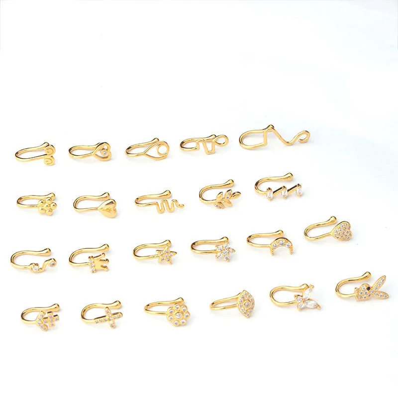 Heart-shaped AAA zircon nose ring in brass setting, clip-on design, gold finish