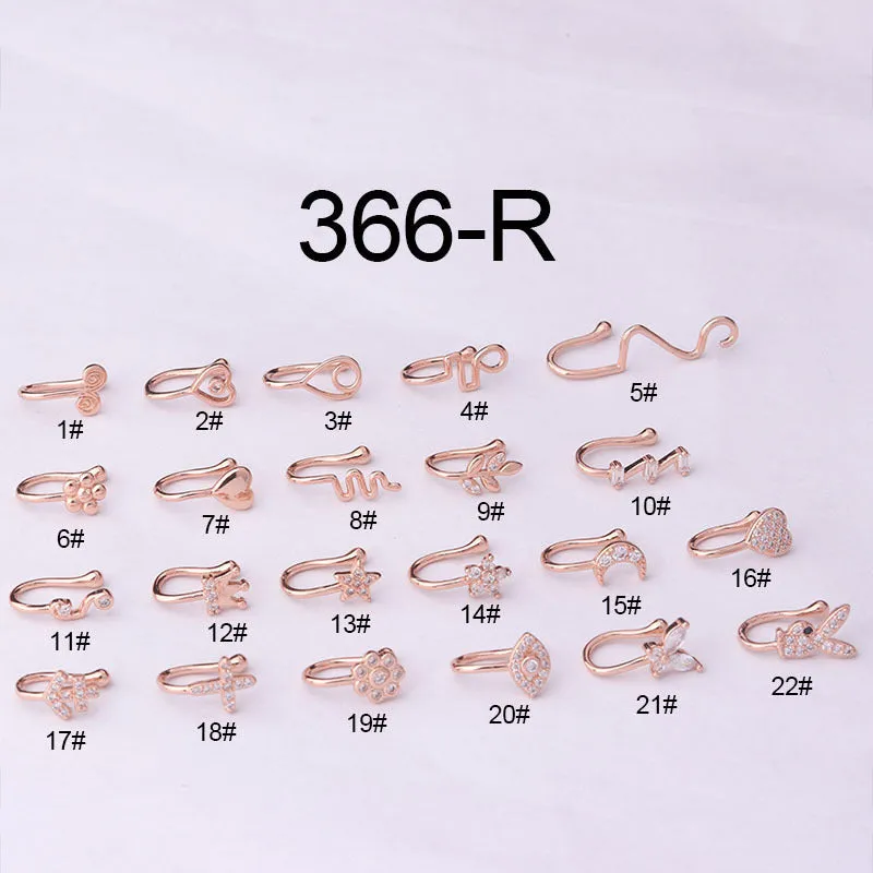 Heart-shaped AAA zircon nose ring in brass setting, clip-on design, gold finish