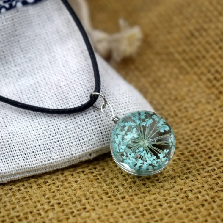 Glass bead starry time gemstone necklace with dried flowers and embossed beads