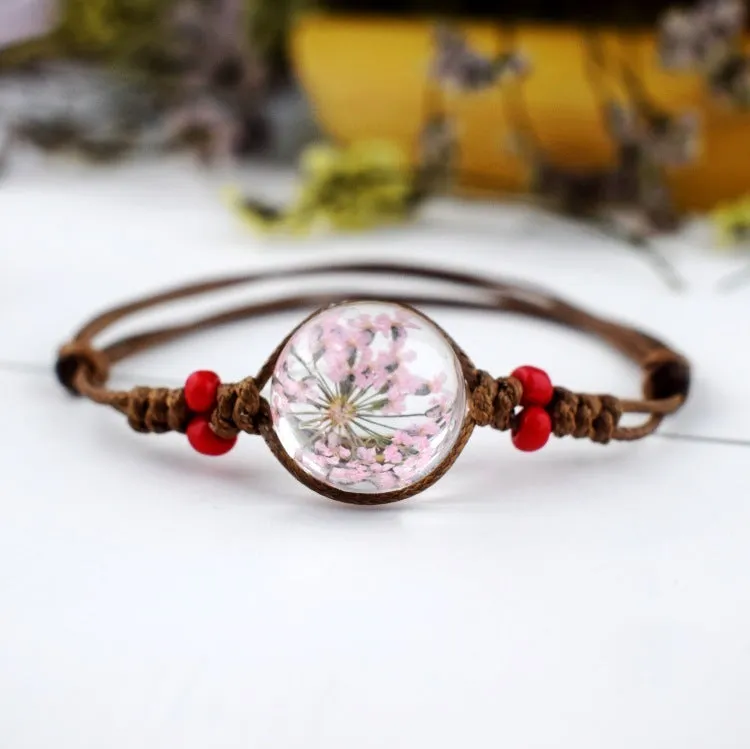 Glass bead starry time gemstone necklace with dried flowers and embossed beads