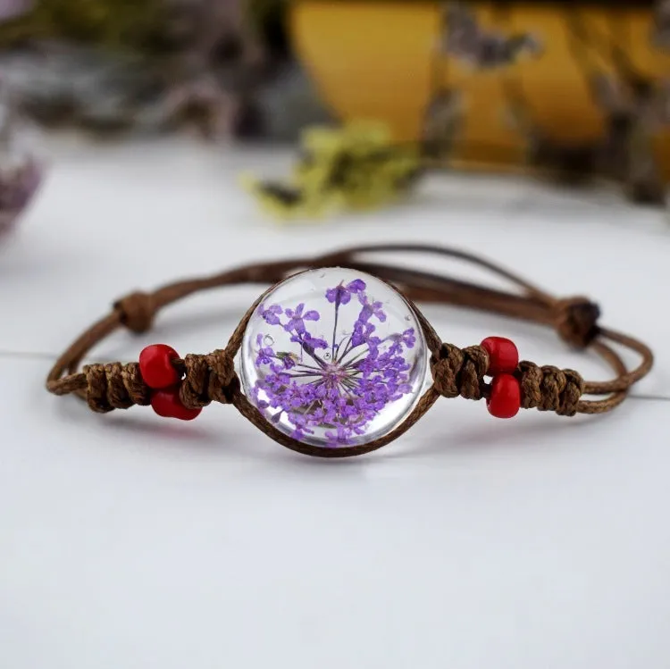 Glass bead starry time gemstone necklace with dried flowers and embossed beads