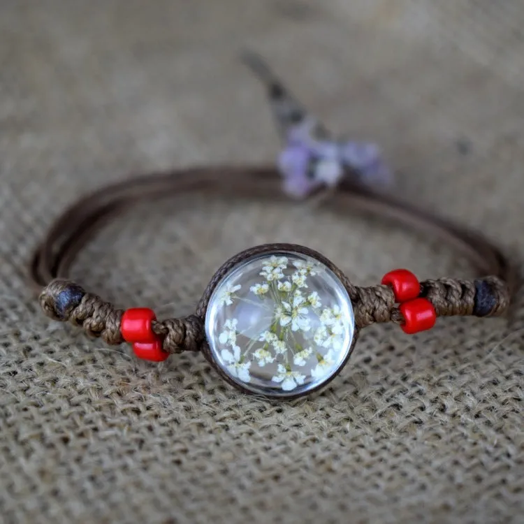Glass bead starry time gemstone necklace with dried flowers and embossed beads
