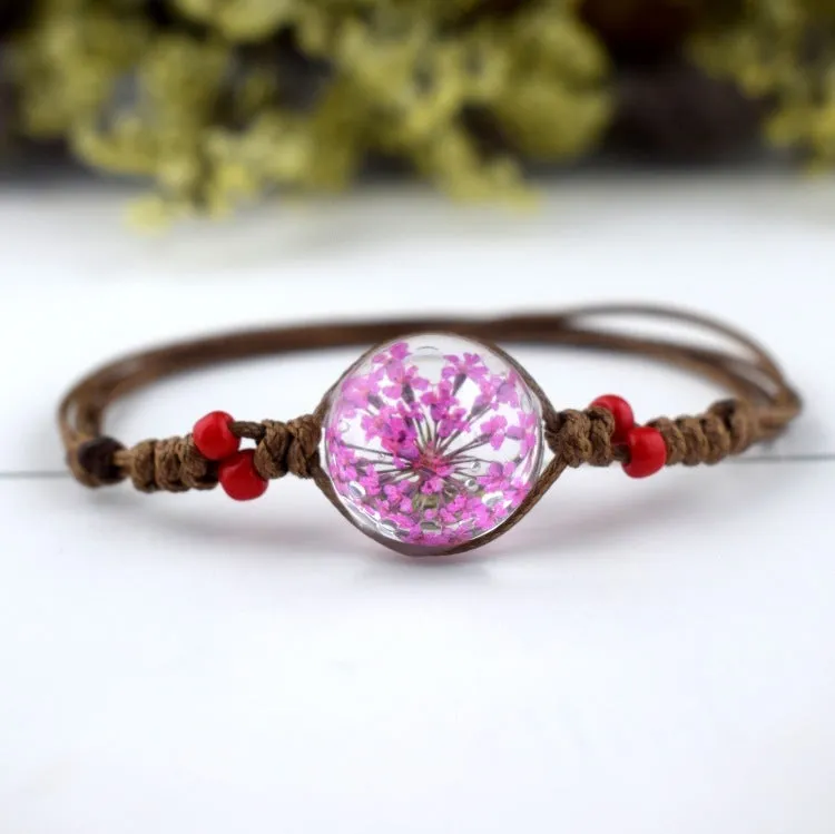Glass bead starry time gemstone necklace with dried flowers and embossed beads