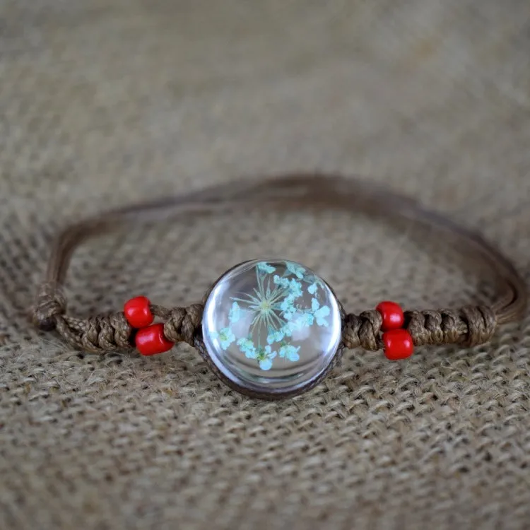 Glass bead starry time gemstone necklace with dried flowers and embossed beads