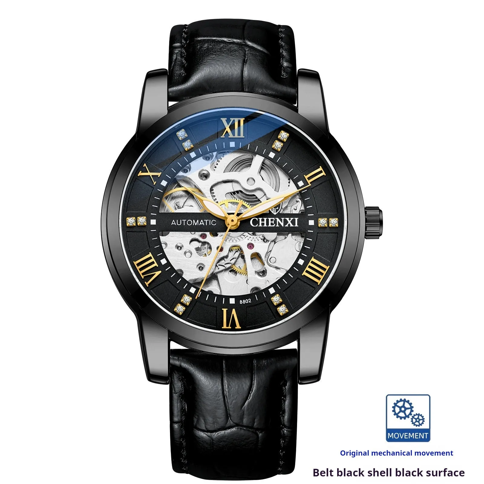 Hollow automatic mechanical watch for men with belt strap and metal shell, black surface, 13mm thickness