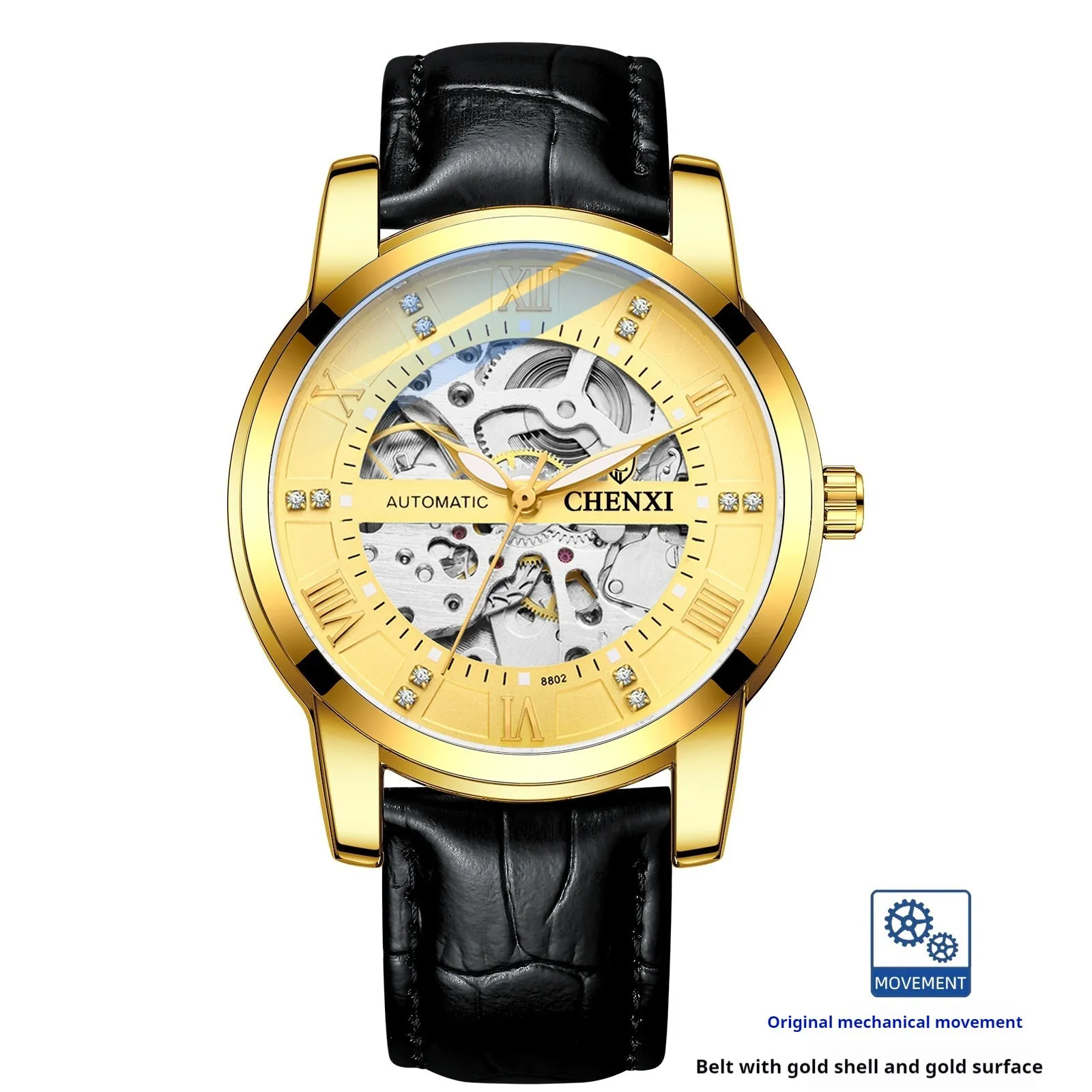 Hollow automatic mechanical watch for men with belt strap and metal shell, black surface, 13mm thickness