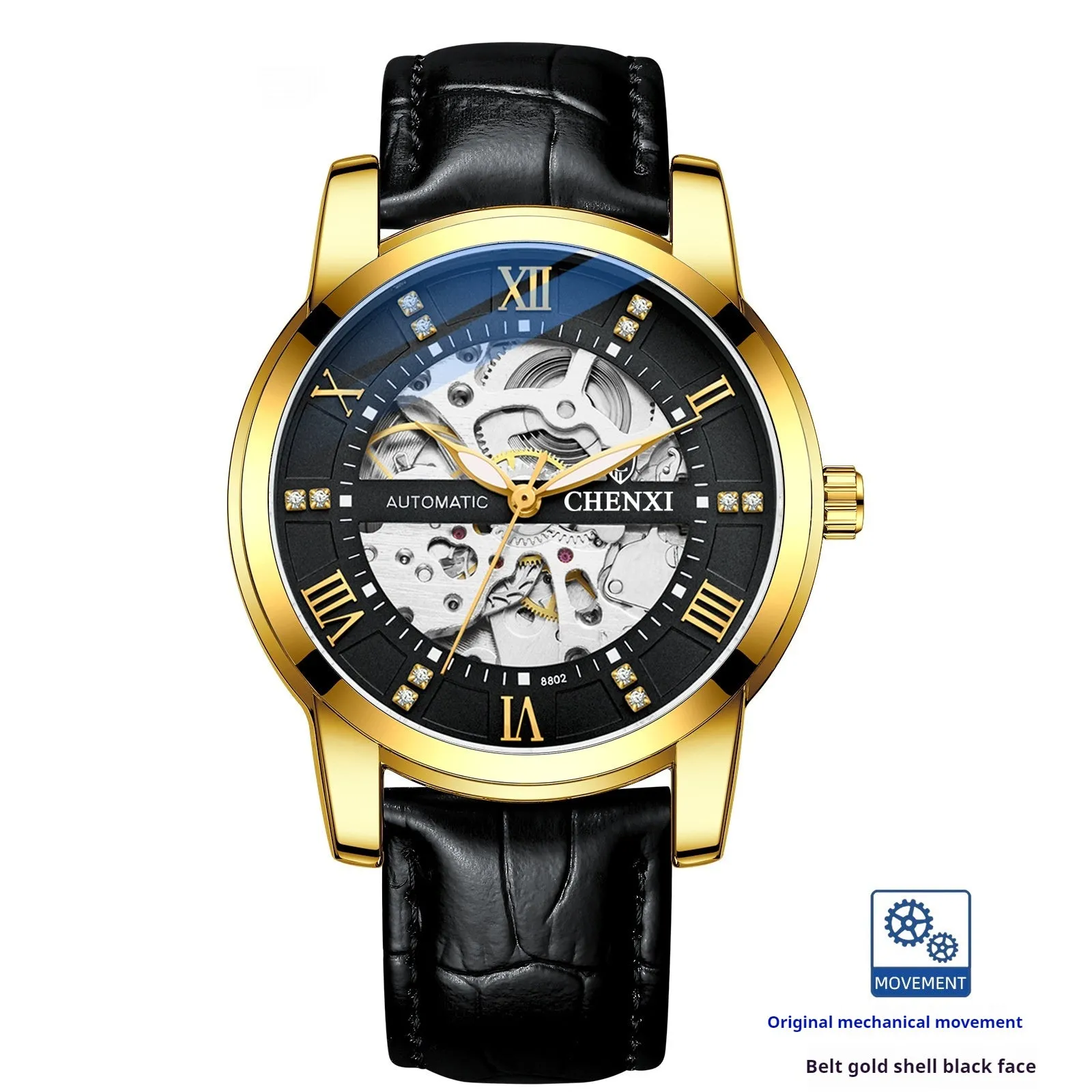 Hollow automatic mechanical watch for men with belt strap and metal shell, black surface, 13mm thickness