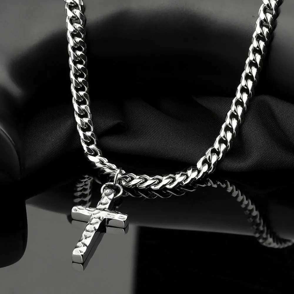 Titanium steel Cuban chain necklace in steel colour with geometric links on neutral background