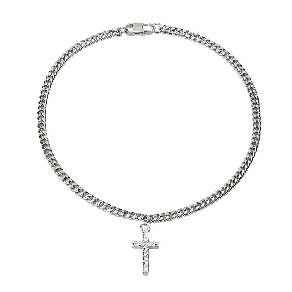 Titanium steel Cuban chain necklace in steel colour with geometric links on neutral background