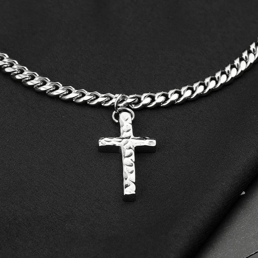 Titanium steel Cuban chain necklace in steel colour with geometric links on neutral background