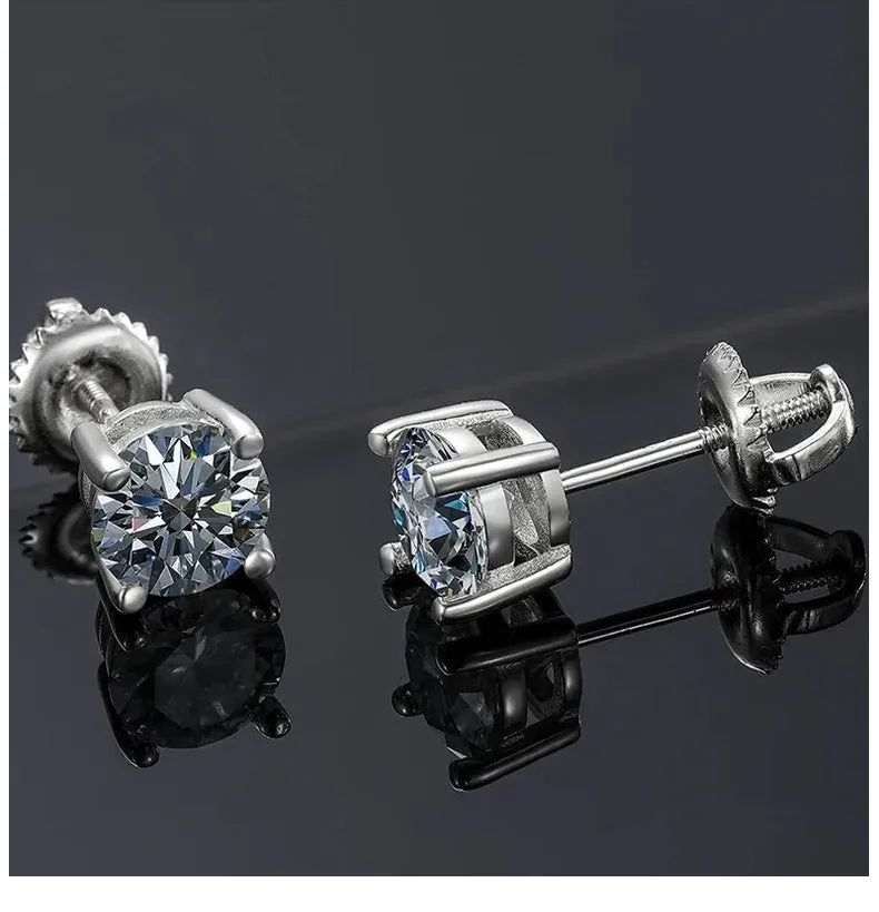 Close-up of a women's silver screw back moissanite stud earring with a four claw setting and geometric cut stone.