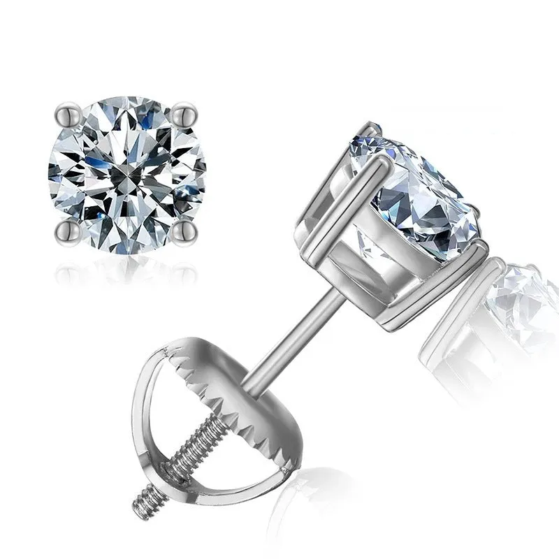 Close-up of a women's silver screw back moissanite stud earring with a four claw setting and geometric cut stone.