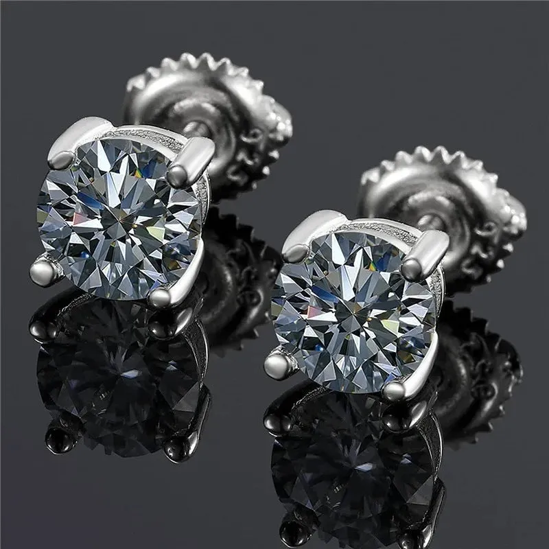 Close-up of a women's silver screw back moissanite stud earring with a four claw setting and geometric cut stone.